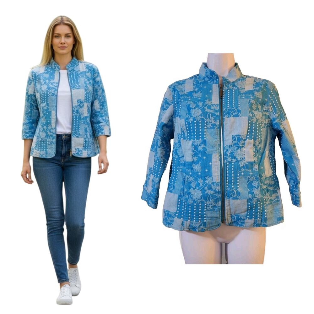 Christopher & Banks Womens High Neck Jacket Size PS Petite Blue White 3/4 Sleeve
